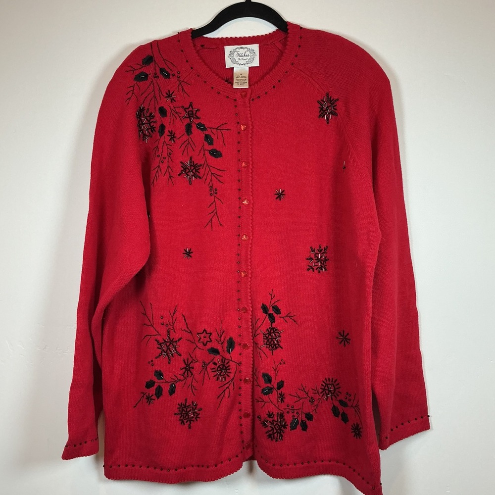 Stitches In Time Red Embroidered Holiday  1X – Beaded Snowflake & Floral Knit‎